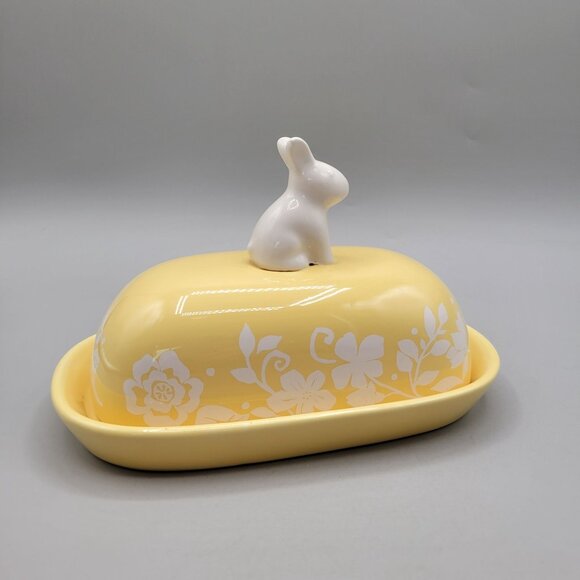 Rare Rae Dunn Magenta Exclusive Yellow Ceramic Butter Dish Bunny Knob Floral - Picture 3 of 10
